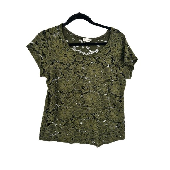 Free Kisses Olive Floral Lace Top Blouse Shirt Size Small‎ Sheer - Picture 1 of 5